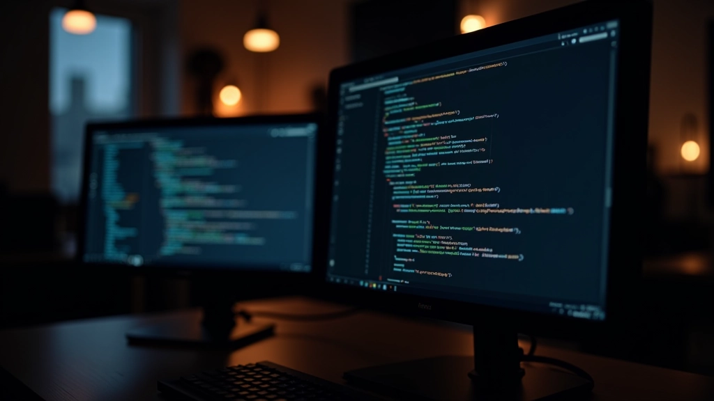 Code-Editor mit CSS scroll-behavior Eigenschaft, dunkel beleuchteter Monitor, minimalistisches Desk-Setup