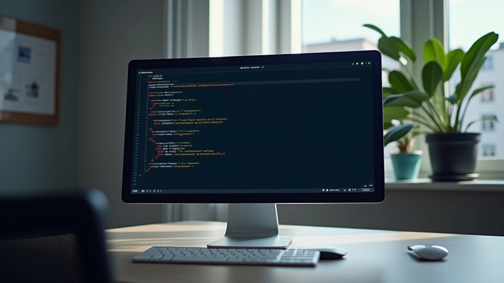 JavaScript-Code mit window.scrollTo() Funktion auf großem Monitor, heller moderner Arbeitsbereich