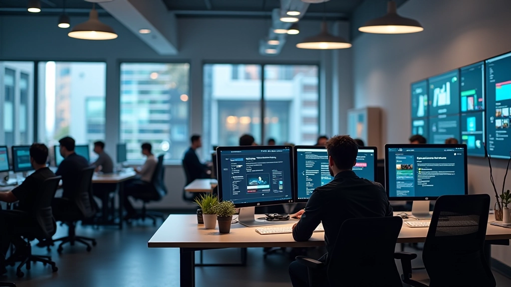 Modernes Webdesign-Studio mit mehreren Bildschirmen und Designern, die an digitalen Schnittstellen arbeiten