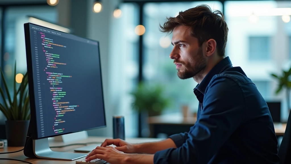 Designer arbeitet an Scroll-Snap-Layouts auf großem Monitor mit CSS-Code